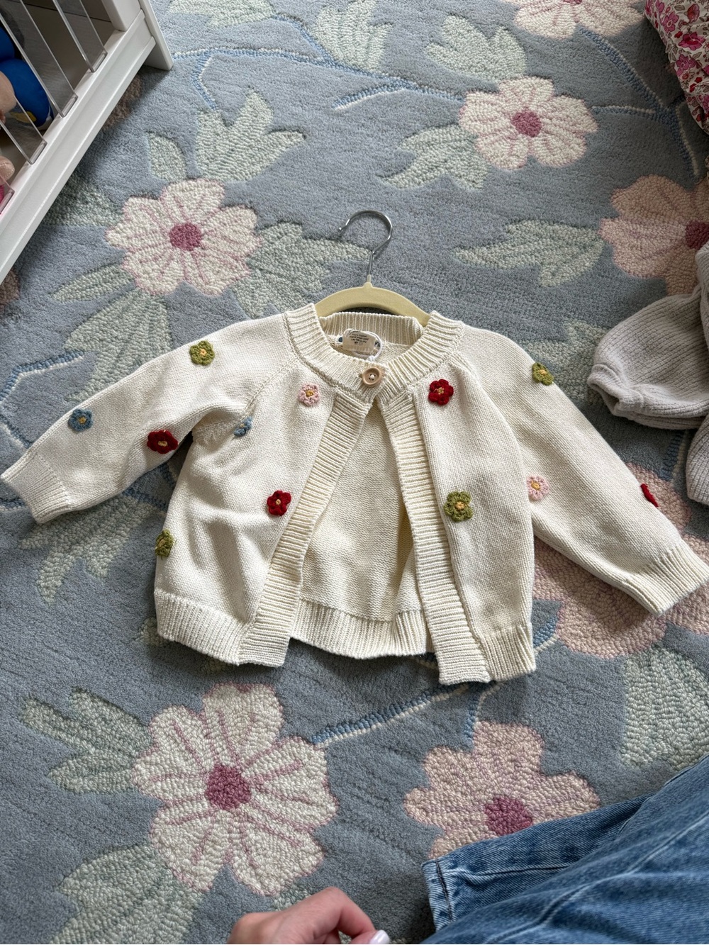 Cream Floral Knit Baby Cardigan with Appliqué Flowers